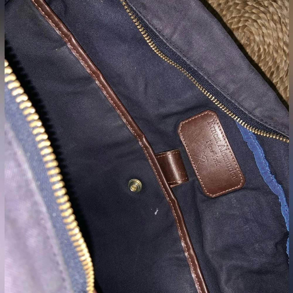 Ernest Alexander Alex briefcase navy canvas brown leather bag overnight $400